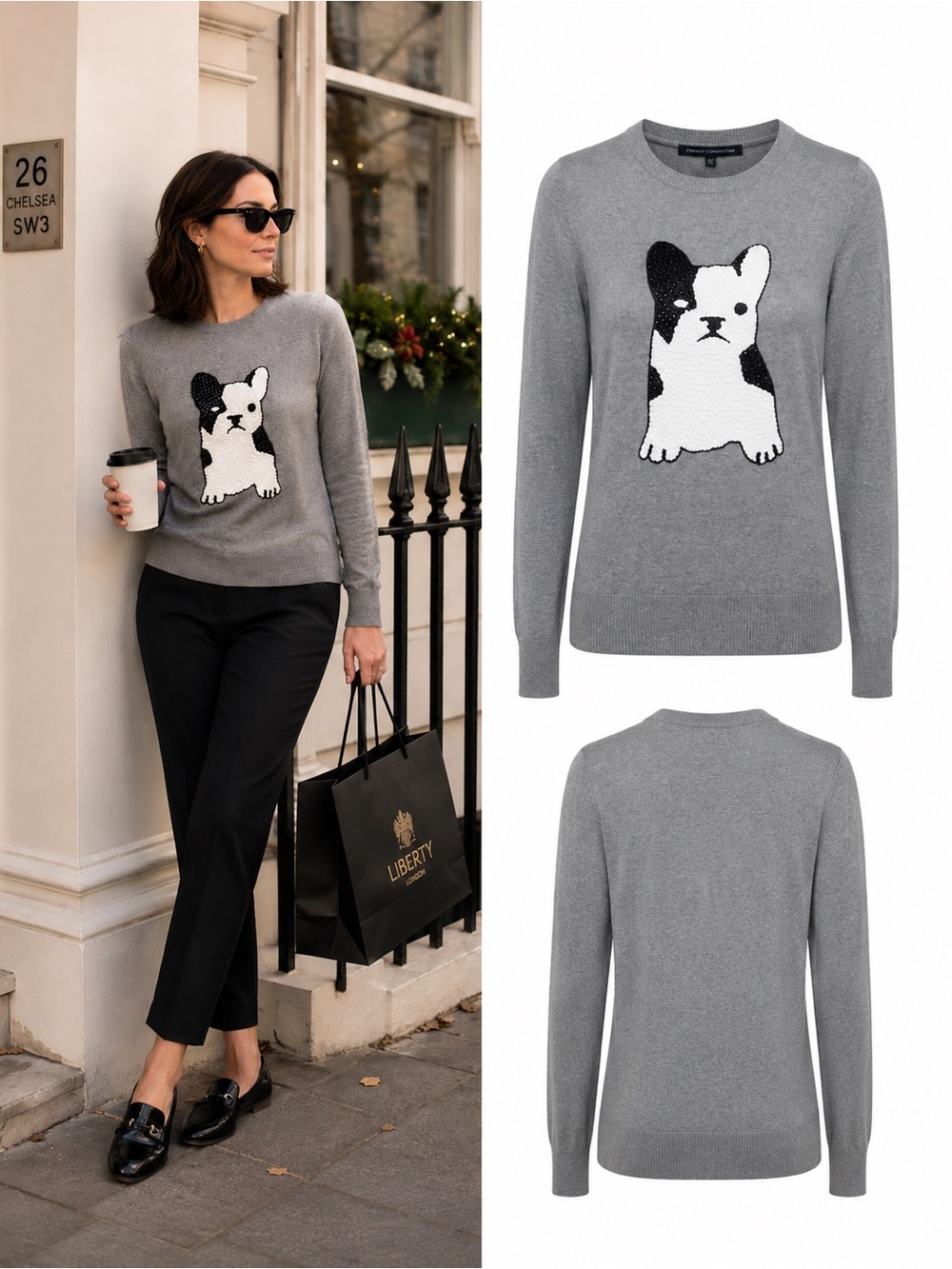 French Connection French Bulldog Sequin Beaded Sweater Gray Size Medium NWOT